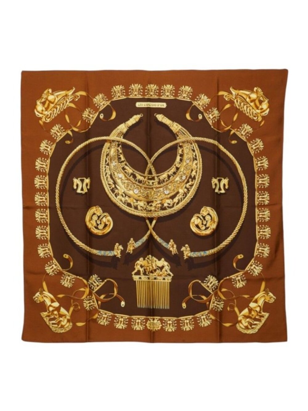 Hermes Carre 90 les Cavaliers D'or Yellow Golden Knight Scarf Large Brown
